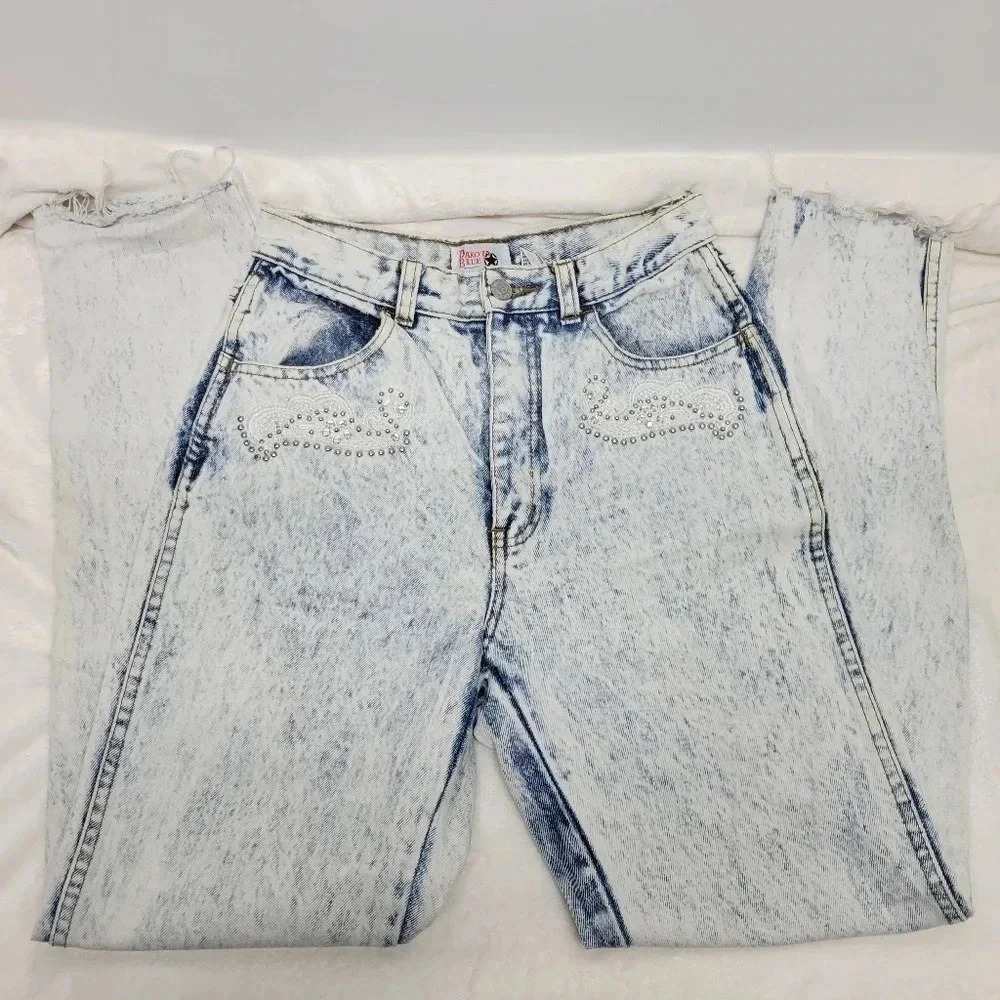 VTG 80s Dakota Blue Acid Wash High Waisted Embellished Jeans Size 5